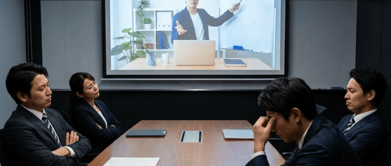 Professionals in a meeting room reacting with frustration to a remote video presentation.