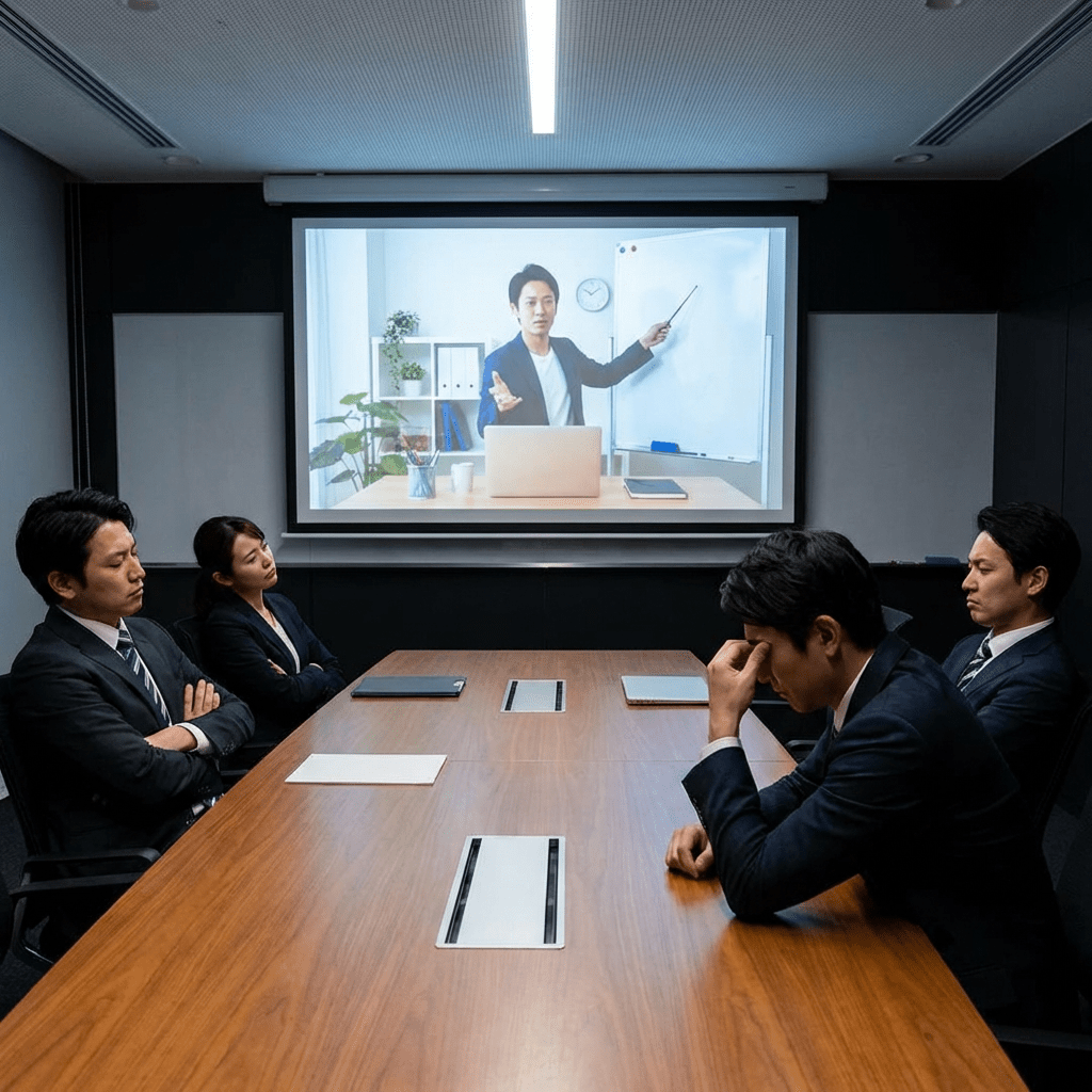 Professionals in a meeting room reacting with frustration to a remote video presentation.