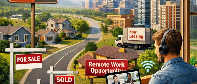 Man working remotely on laptop with suburban and city real estate signs in view