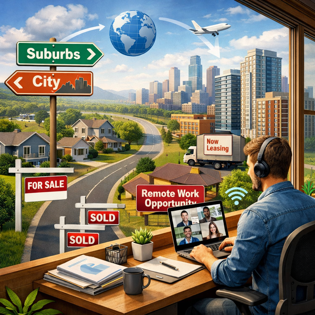 Man working remotely on laptop with suburban and city real estate signs in view