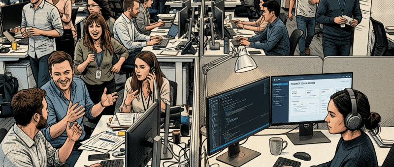 Several employees working and collaborating at desks with computers in a busy open-plan office