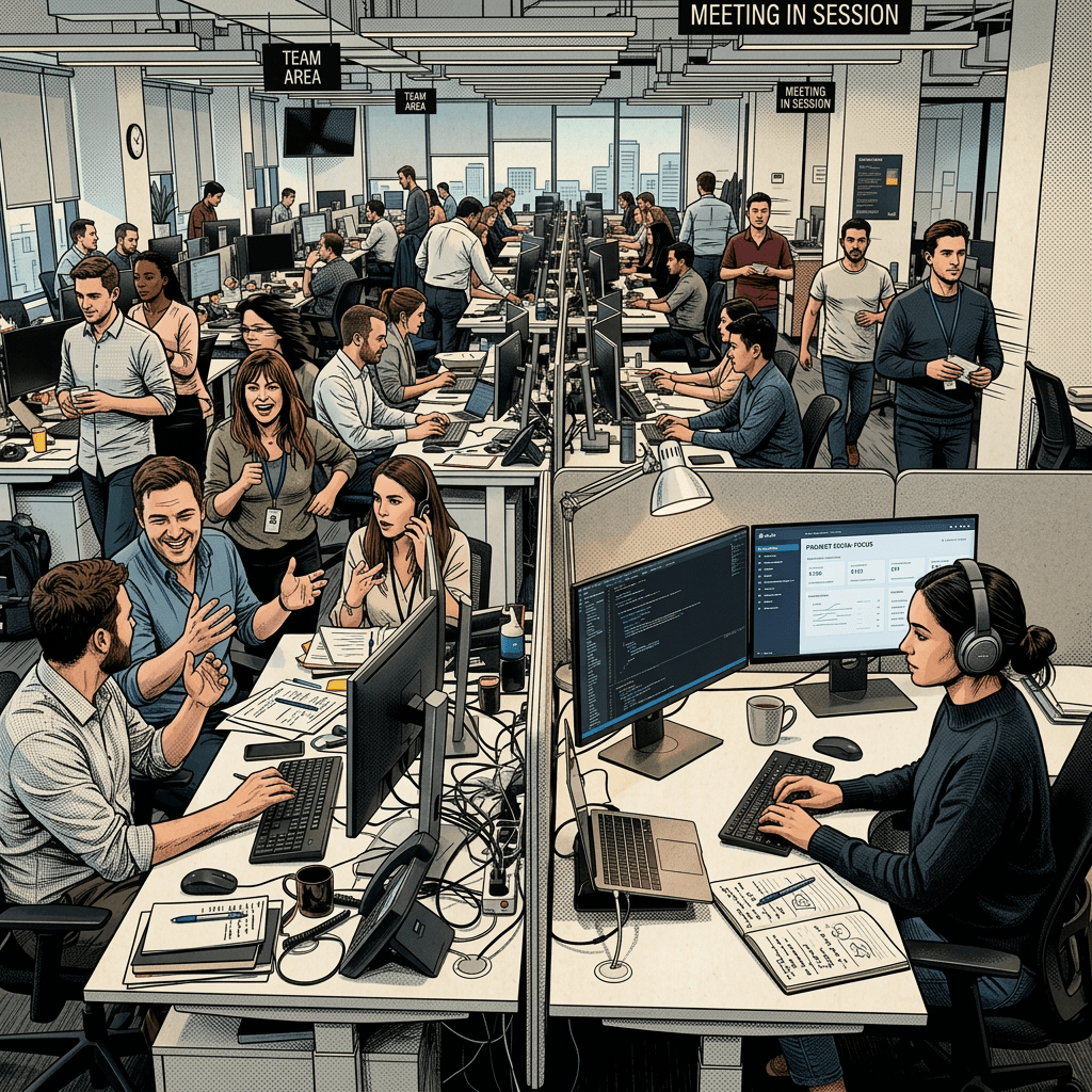 Several employees working and collaborating at desks with computers in a busy open-plan office