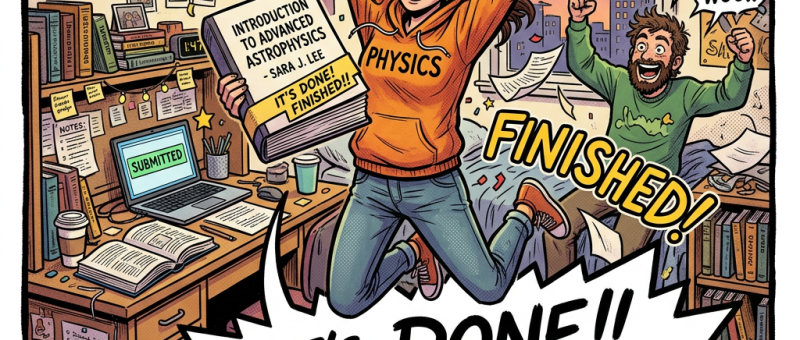 Person celebrating finishing astrophysics textbook with papers flying in study room