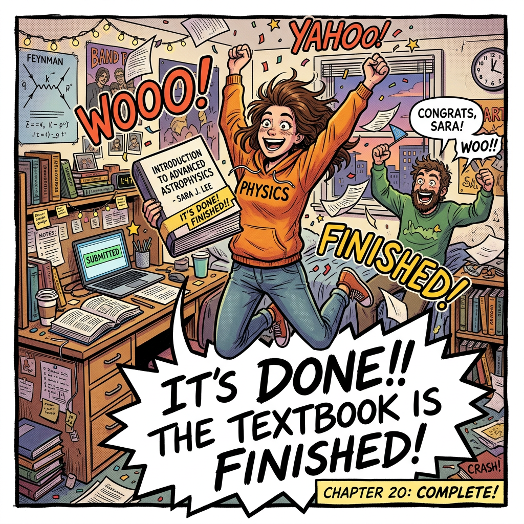 Person celebrating finishing astrophysics textbook with papers flying in study room