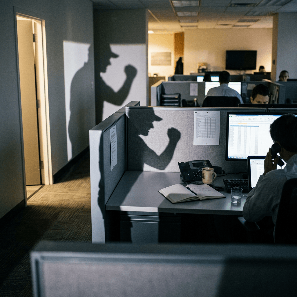 Shadow of person raising fist angrily over office cubicle where a worker is on the phone.