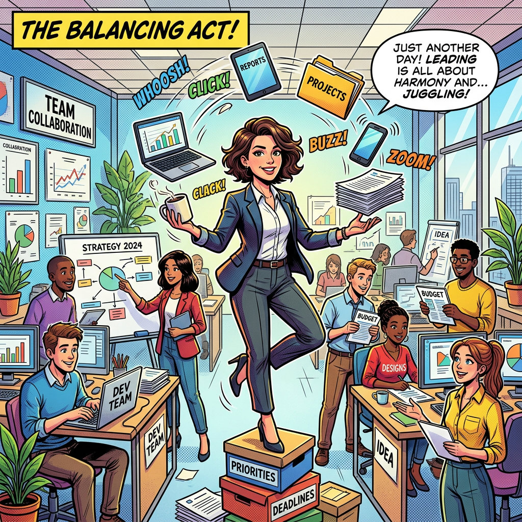 Businesswoman juggling reports, projects, devices, and papers in busy office.