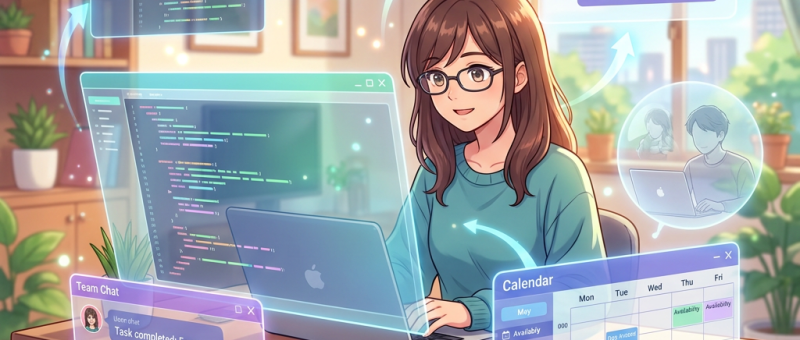 Woman working on laptop with virtual code editors, project chat, calendar, and progress windows