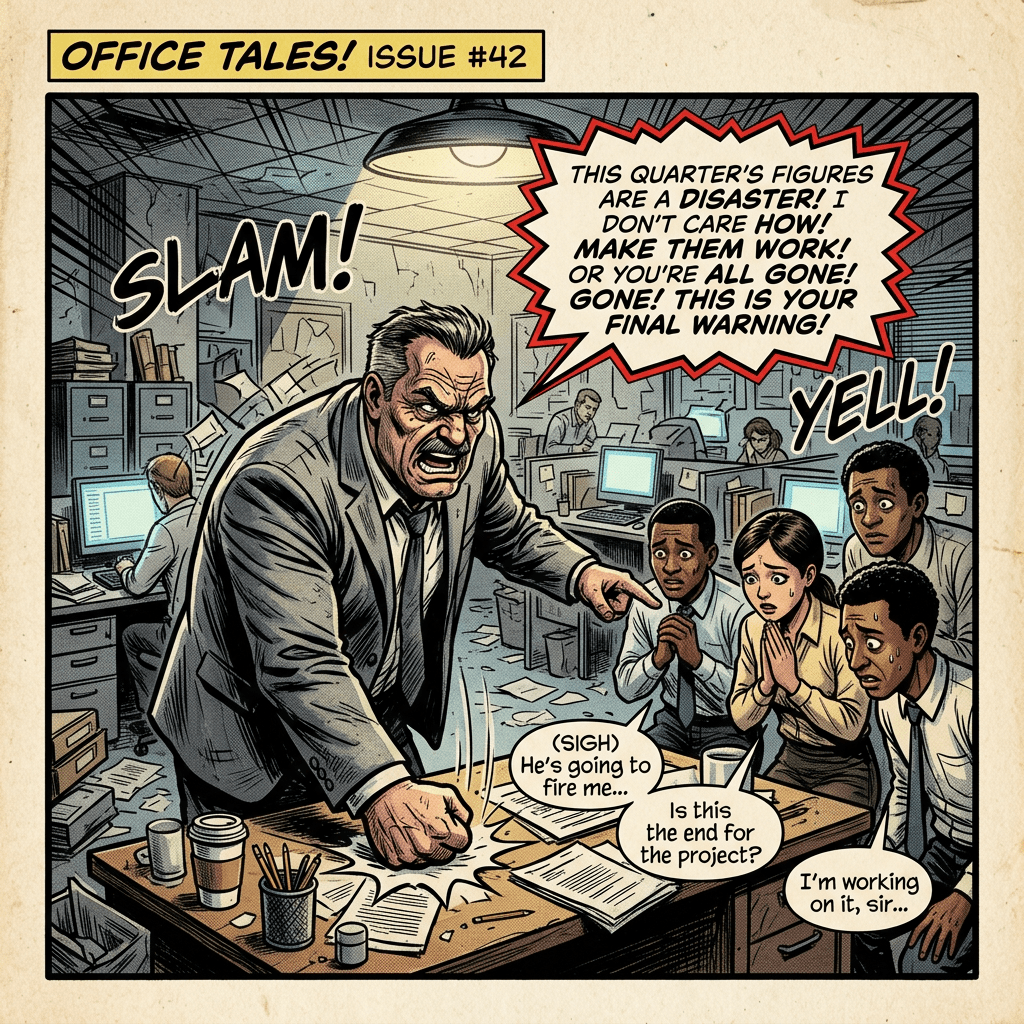 Boss slamming desk yelling at stressed employees about poor quarterly figures