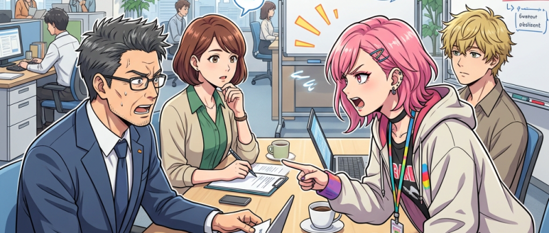 Workplace discussion between older and younger generations about work style reform.
