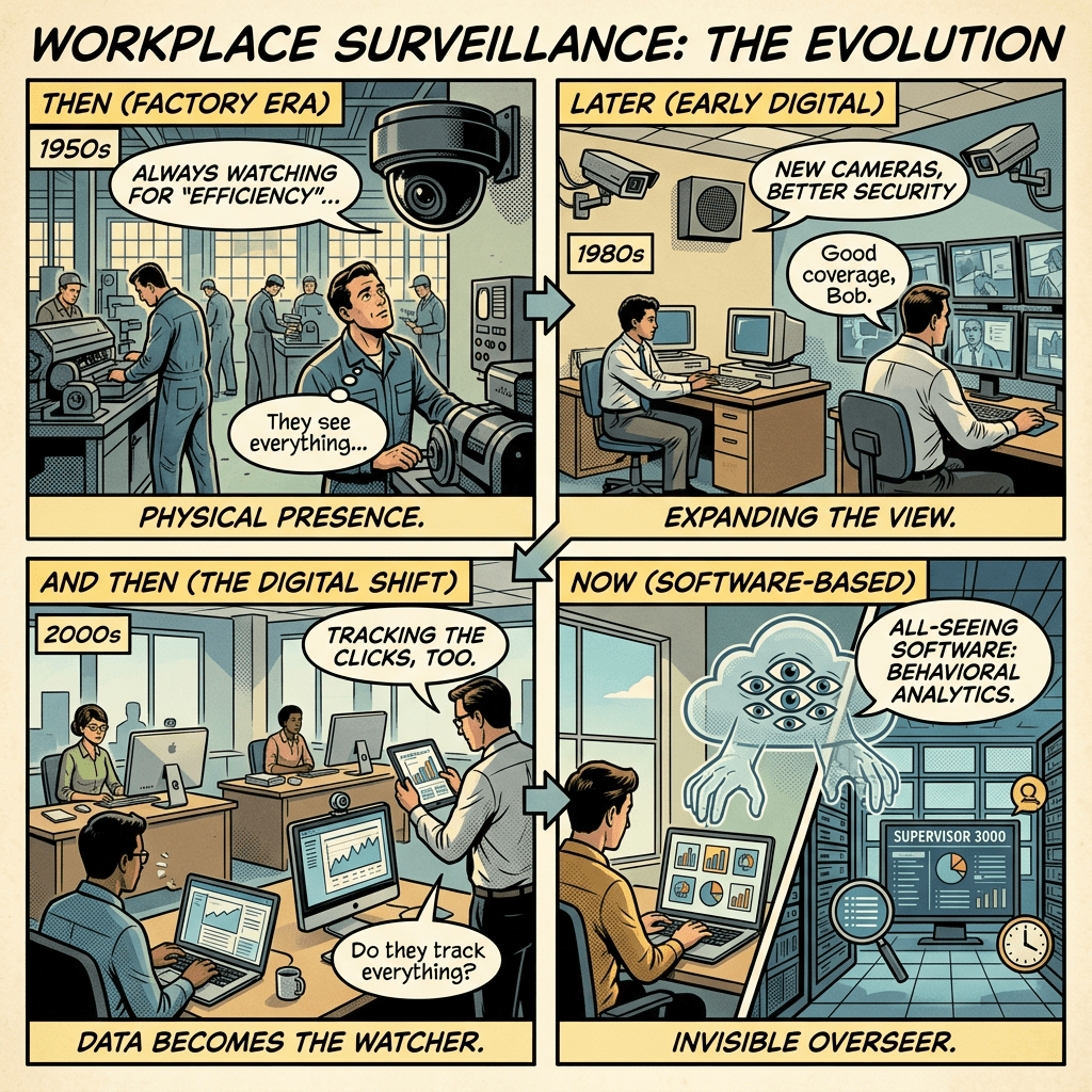 Comic panels depicting workplace surveillance evolution from 1950s factory monitoring to modern software analytics.