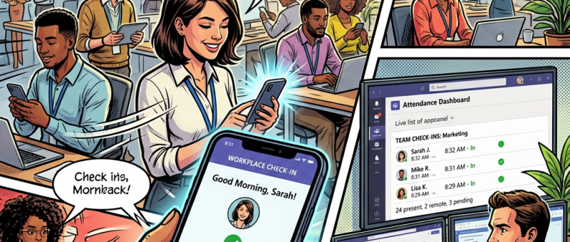 Employees checking in digitally and manager monitoring attendance dashboard