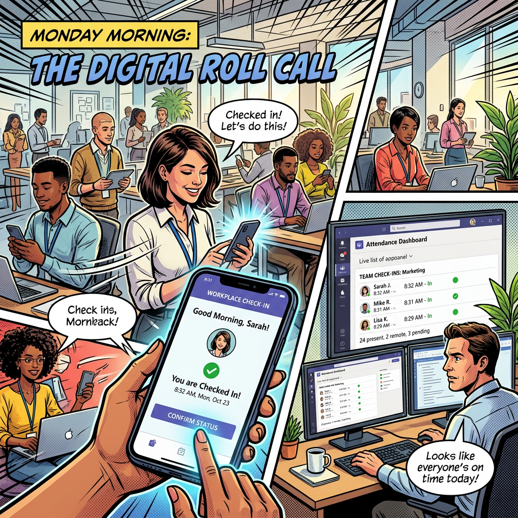 Employees checking in digitally and manager monitoring attendance dashboard