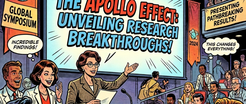 Scientist presenting Apollo Effect research breakthroughs to excited audience at academic conference