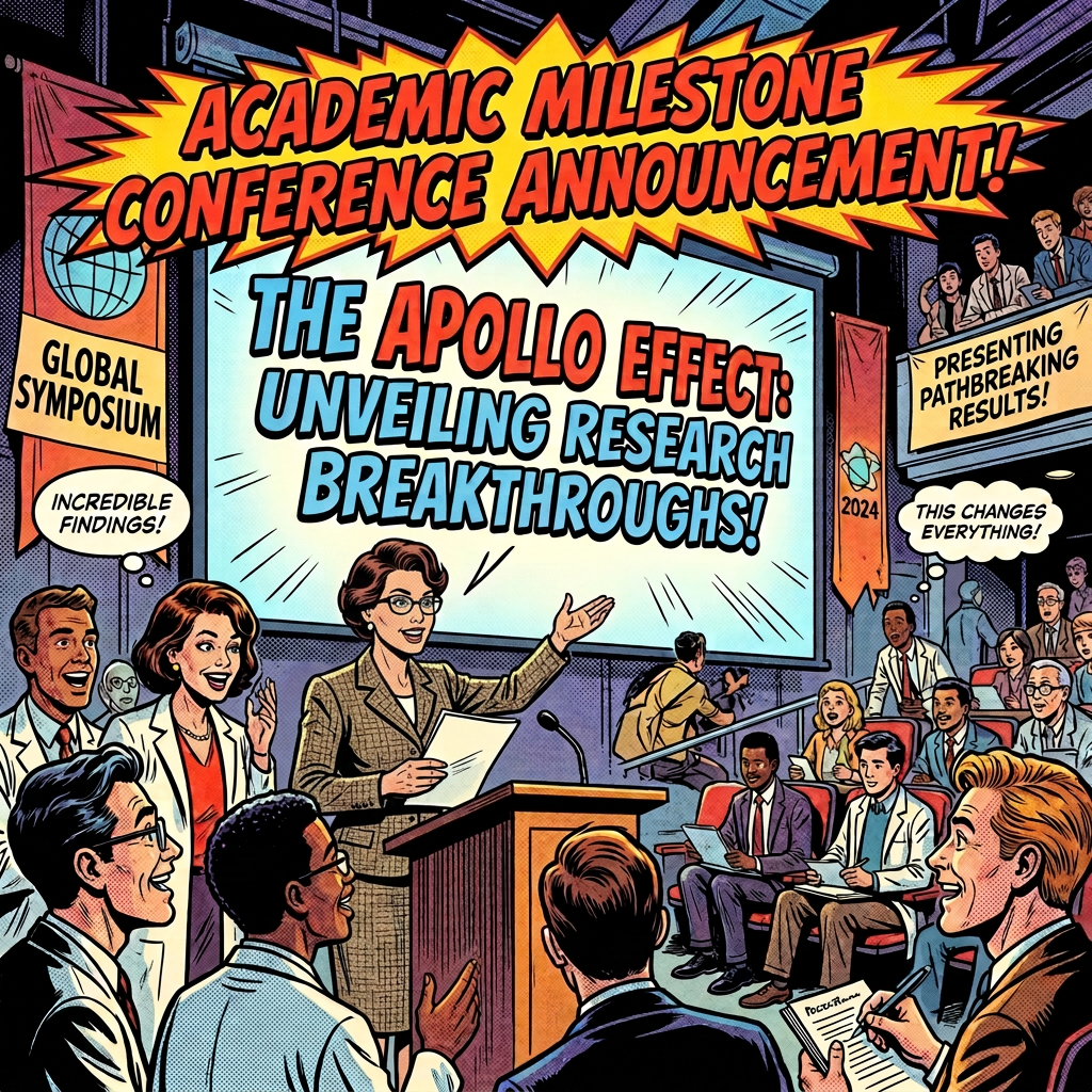 Scientist presenting Apollo Effect research breakthroughs to excited audience at academic conference