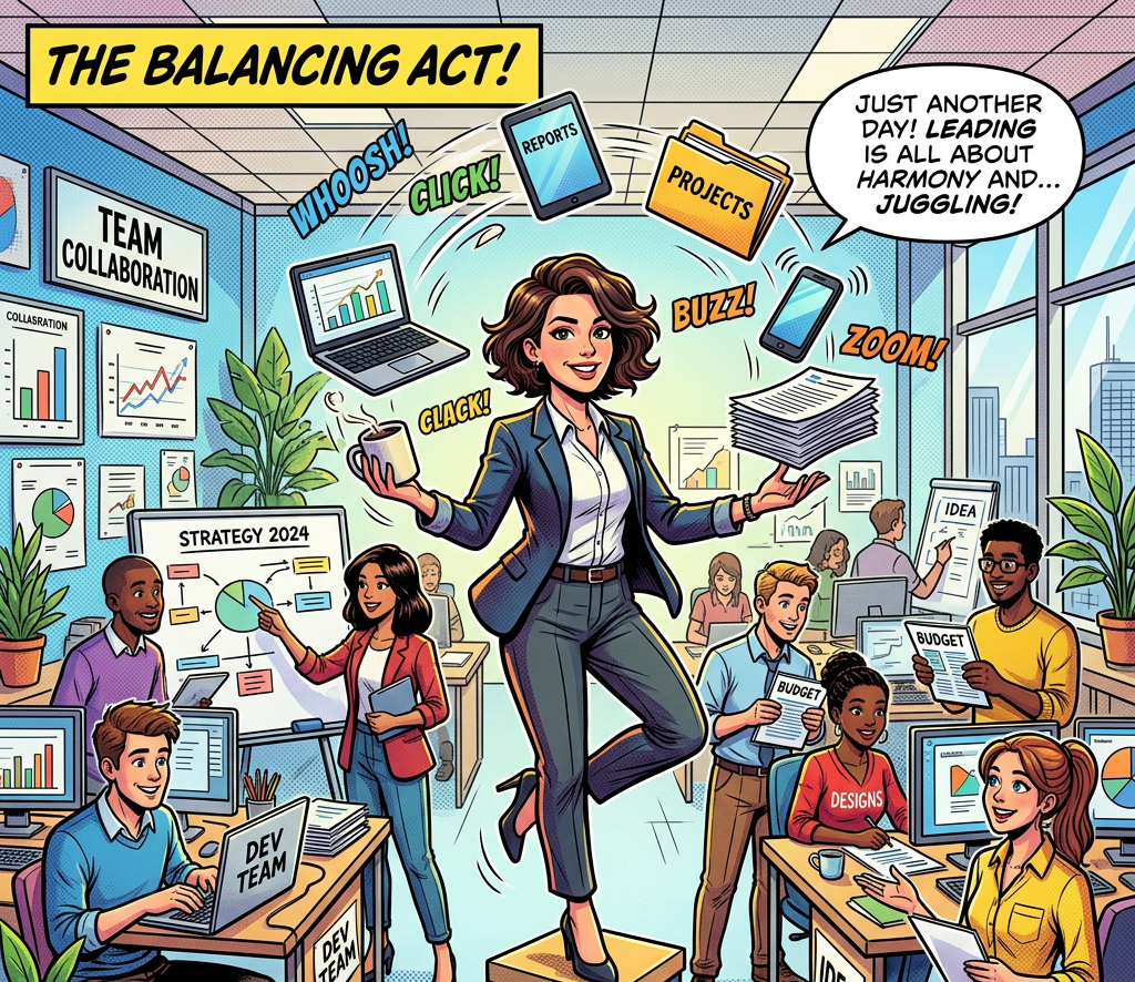 Businesswoman juggling reports, projects, devices, and papers in busy office.