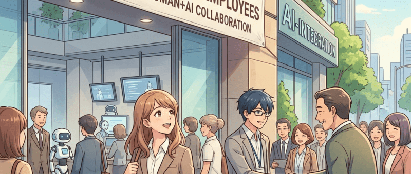 Employees returning to office shaking hands under a banner about rehiring former employees and AI collaboration