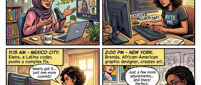 Women working remotely from London, Mexico City, and New York on computers
