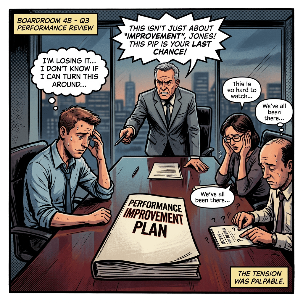 Corporate meeting about performance improvement plan tension