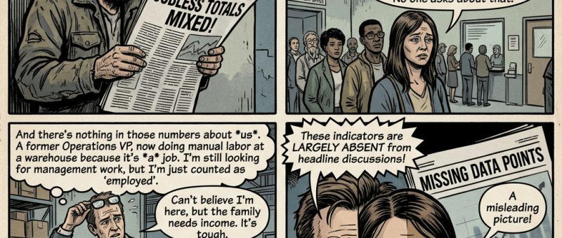 Comic titled “Washington, D.C., August 2026: The U.S. Employment Situation,” featuring mixed jobless totals, missing data points, and workers questioning a 4.1% unemployment rate.