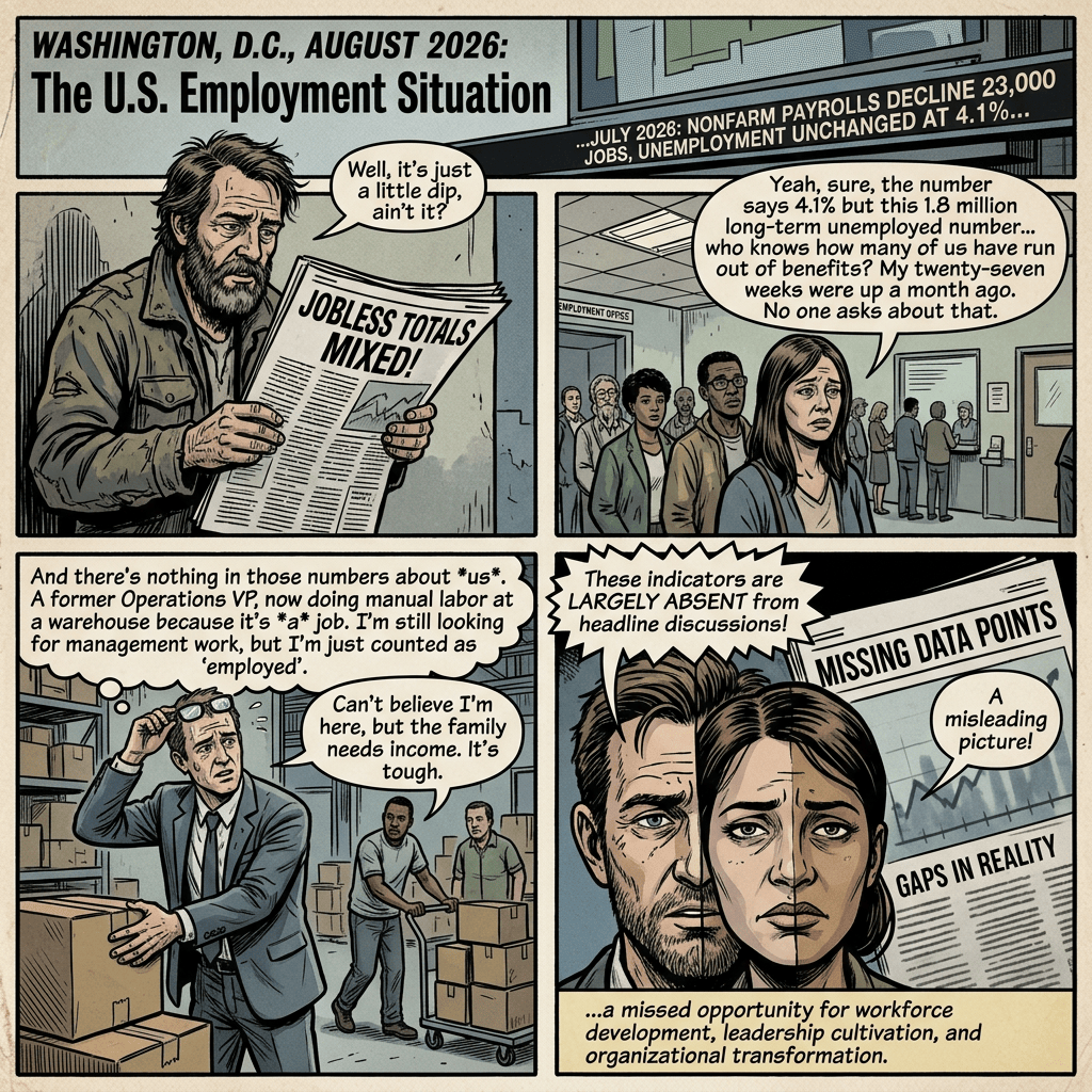 Comic titled “Washington, D.C., August 2026: The U.S. Employment Situation,” featuring mixed jobless totals, missing data points, and workers questioning a 4.1% unemployment rate.