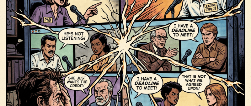 Comic titled "THE APOLLO EFFECT" showing arguing experts in video-call windows; text explains accomplished individuals failed by defending ideas and competing for influence, with speech bubbles claiming superiority, deadlines, credit, and leadership.