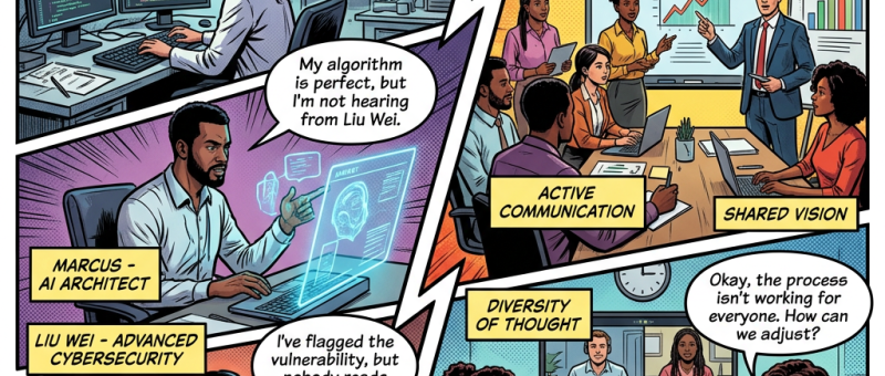 Comic comparing common hiring with intentional team design: quantum physicist, AI architect, and cybersecurity specialist work separately while a diverse team practices clear roles, active communication, shared vision, and diversity of thought; bottom text says organizations must balance deep technical skills with critical team processes and leadership, with caption "A Key Insight from Dissertation Research."