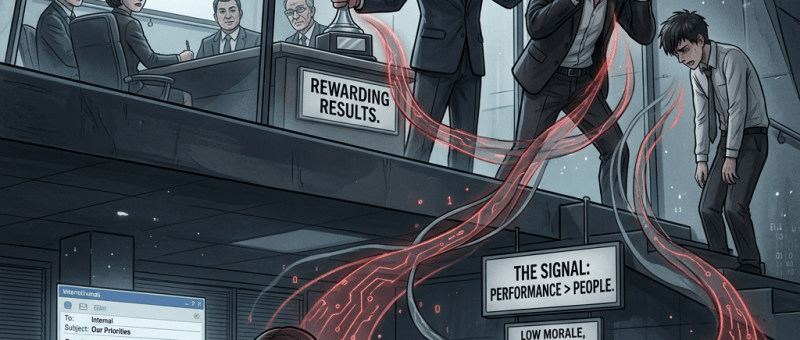 Office illustration contrasting profit rewards with employee abuse, low morale, and falling retention