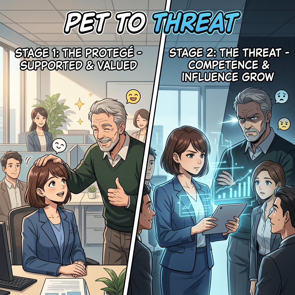 PET TO THREAT; STAGE 1: THE PROTÉGÉ - SUPPORTED & VALUED; STAGE 2: THE THREAT - COMPETENCE & INFLUENCE GROW