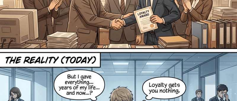 Split comic: “THE PROMISE (PAST),” “Your dedication is recognized!”, “We protect our family!”, “Hard work leads to stability!”, “LOYALTY AWARD”; “THE REALITY (TODAY),” “But I gave everything... years of my life... and now...?”, “Loyalty gets you nothing.”, “ALERT: Company Restructuring,” and “LAYOFF NOTICE.”