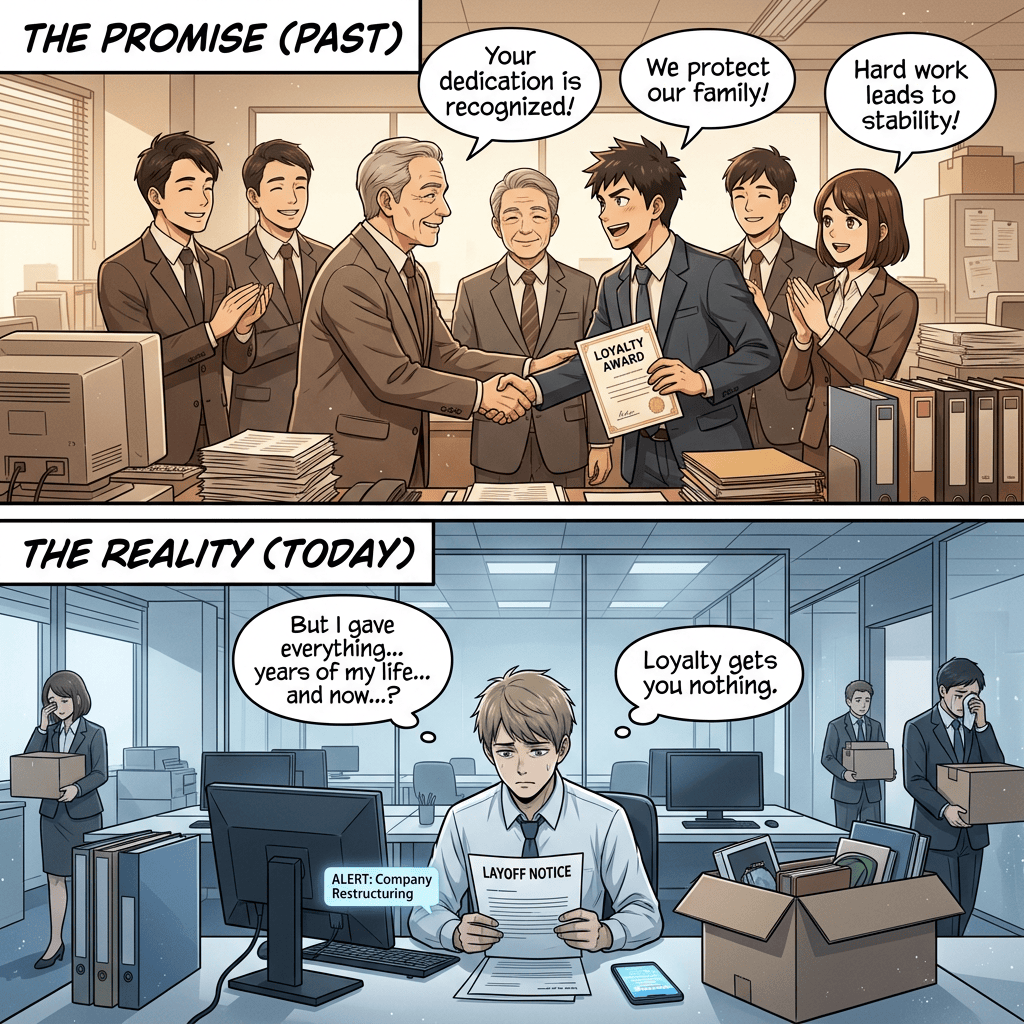 Split comic: “THE PROMISE (PAST),” “Your dedication is recognized!”, “We protect our family!”, “Hard work leads to stability!”, “LOYALTY AWARD”; “THE REALITY (TODAY),” “But I gave everything... years of my life... and now...?”, “Loyalty gets you nothing.”, “ALERT: Company Restructuring,” and “LAYOFF NOTICE.”