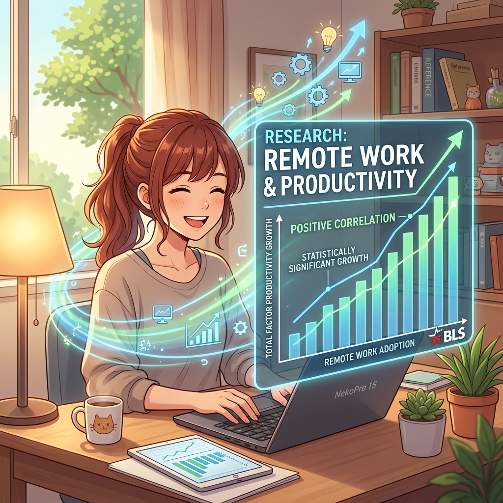 Illustration with text: “RESEARCH: REMOTE WORK & PRODUCTIVITY,” “POSITIVE CORRELATION,” and “STATISTICALLY SIGNIFICANT GROWTH,” showing rising bar charts.