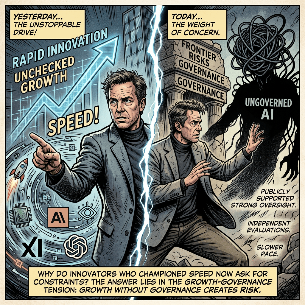 Comic panel contrasting rapid AI innovation and unchecked growth with the weight of concern, ungoverned AI, and calls for publicly supported strong oversight, independent evaluations, and slower pace. Text reads: “YESTERDAY... THE UNSTOPPABLE DRIVE!”, “RAPID INNOVATION”, “UNCHECKED GROWTH”, “SPEED!”, “TODAY... THE WEIGHT OF CONCERN.”, “FRONTIER RISKS”, “GOVERNANCE”, “GOVERNANCE”, “UNGOVERNED AI”, “PUBLICLY SUPPORTED STRONG OVERSIGHT.”, “INDEPENDENT EVALUATIONS.”, “SLOWER PACE.”, and “WHY DO INNOVATORS WHO CHAMPIONED SPEED NOW ASK FOR CONSTRAINTS? THE ANSWER LIES IN THE GROWTH-GOVERNANCE TENSION: GROWTH WITHOUT GOVERNANCE CREATES RISK.”