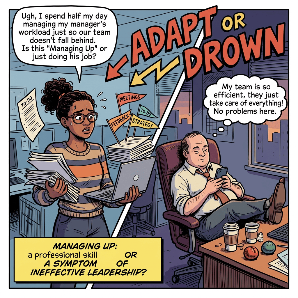 Comic text: “ADAPT OR DROWN”; employee asks whether managing her manager’s workload is managing up; manager says his team handles everything; banner asks whether managing up is a skill or symptom of ineffective leadership.