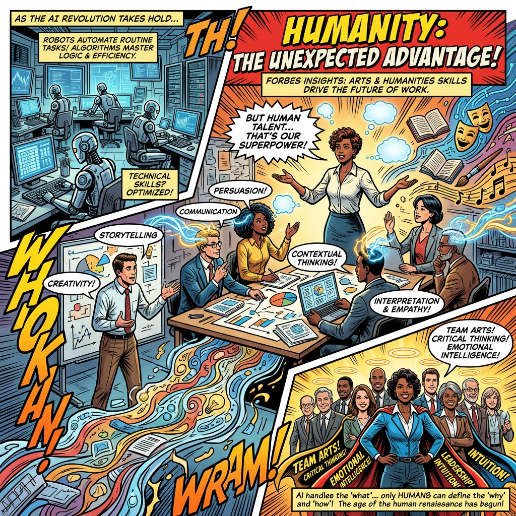 Comic showing human creativity and arts skills complementing AI automation