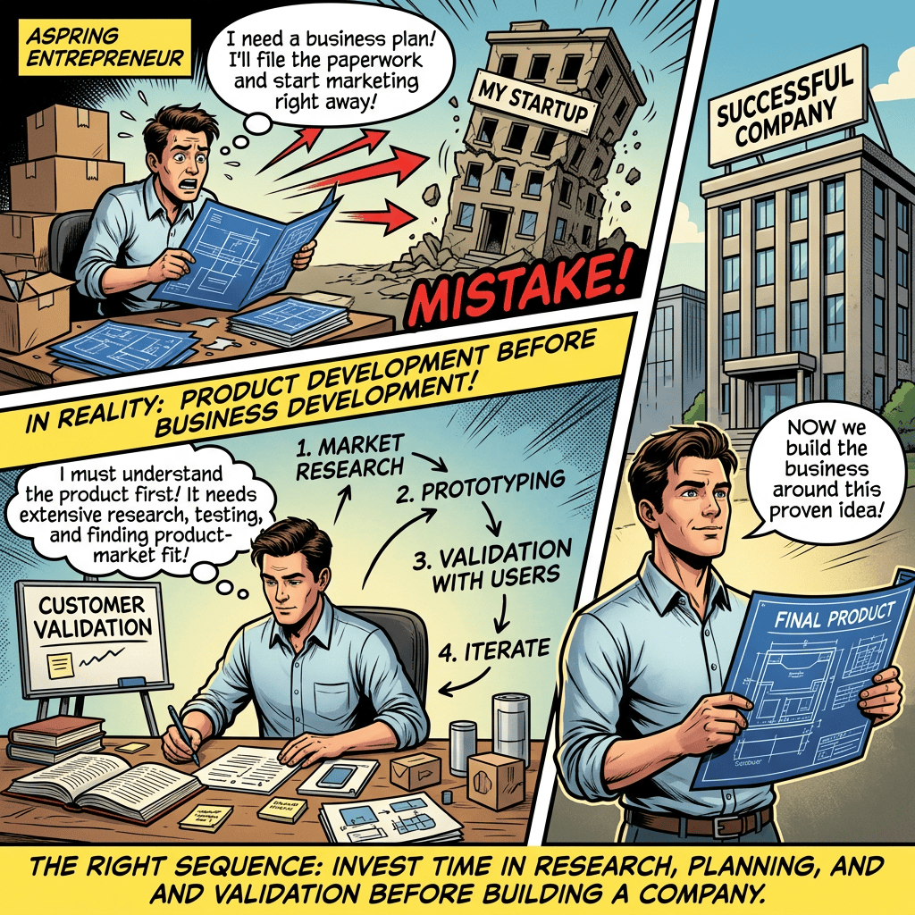 Comic contrasting startup mistakes with market research, prototyping, validation, iteration, and a successful company.