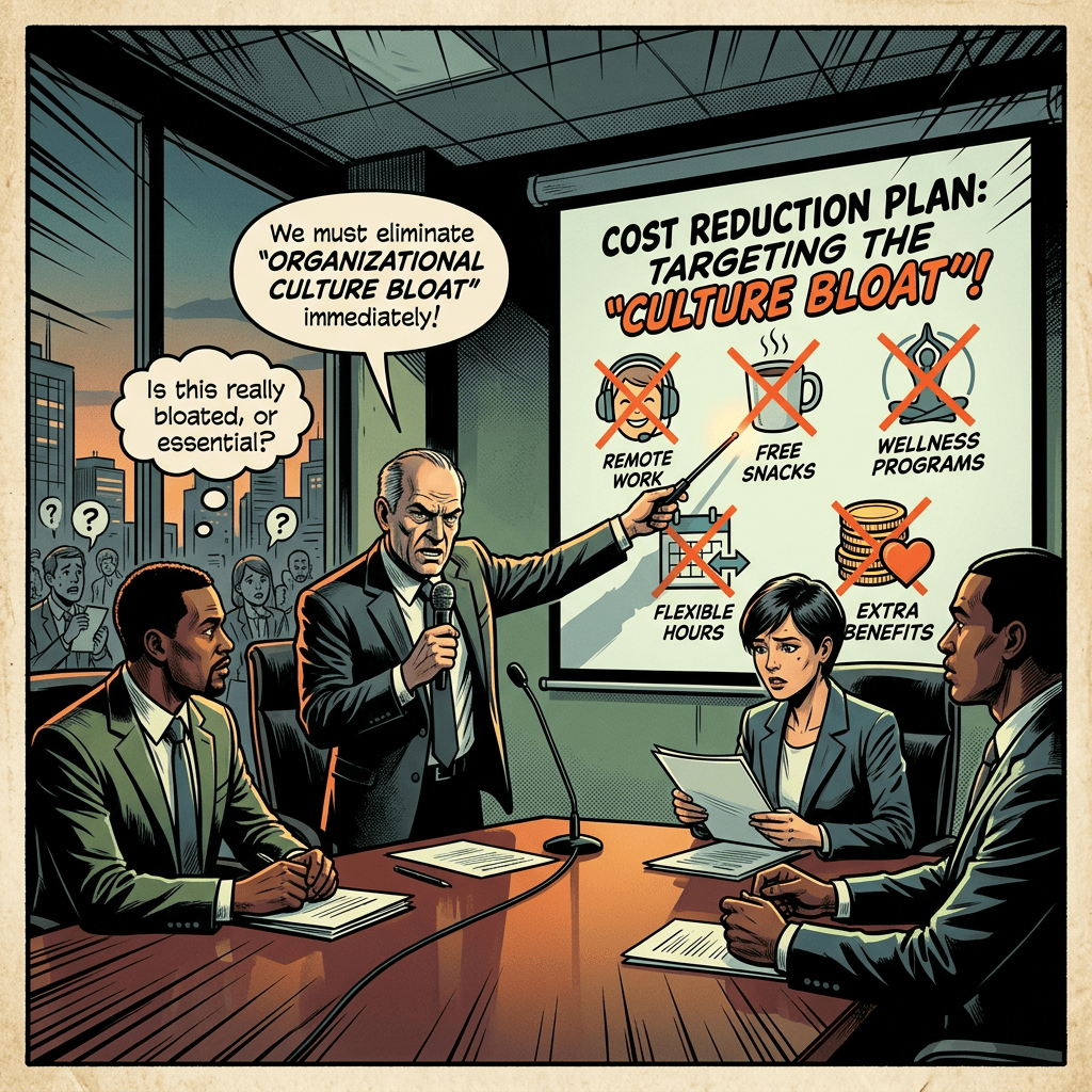 Business meeting slide reads “COST REDUCTION PLAN: TARGETING THE ‘CULTURE BLOAT’!” and crosses out remote work, free snacks, wellness programs, flexible hours, and extra benefits; speech bubbles read “We must eliminate ‘ORGANIZATIONAL CULTURE BLOAT’ immediately!” and “Is this really bloated, or essential?”