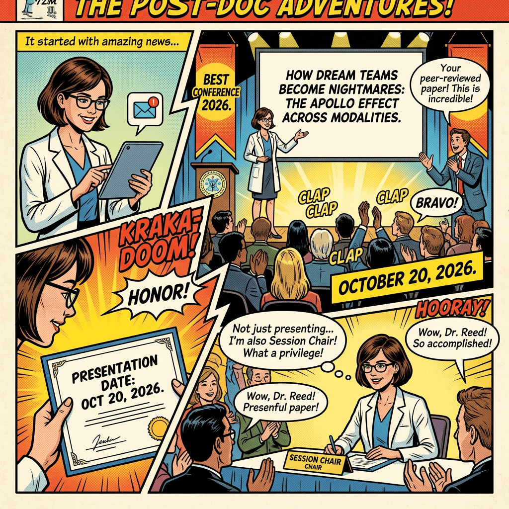 Comic panels read “The Post-Doc Adventures,” “Best Conference 2026,” “How Dream Teams Become Nightmares: The Apollo Effect Across Modalities,” “October 20, 2026,” “Presentation Date: Oct 20, 2026,” and “Session Chair.”