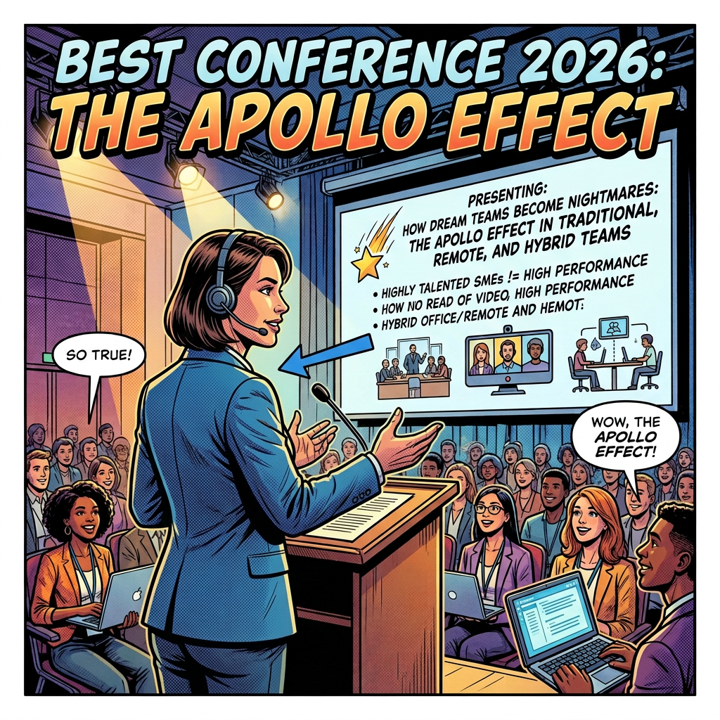 Comic poster reading “BEST CONFERENCE 2026: THE APOLLO EFFECT,” with a speaker addressing an audience and presenting slide text about dream teams becoming nightmares in traditional, remote, and hybrid teams; speech bubbles read “SO TRUE!” and “WOW, THE APOLLO EFFECT!”