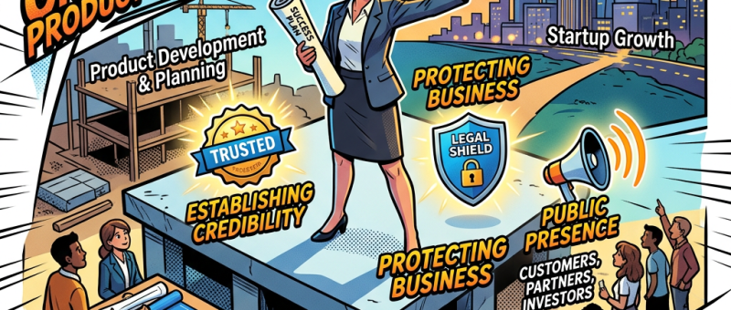 Comic showing product development, credibility, legal protection, public presence, and startup growth