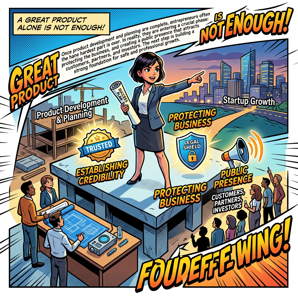 Comic showing product development, credibility, legal protection, public presence, and startup growth